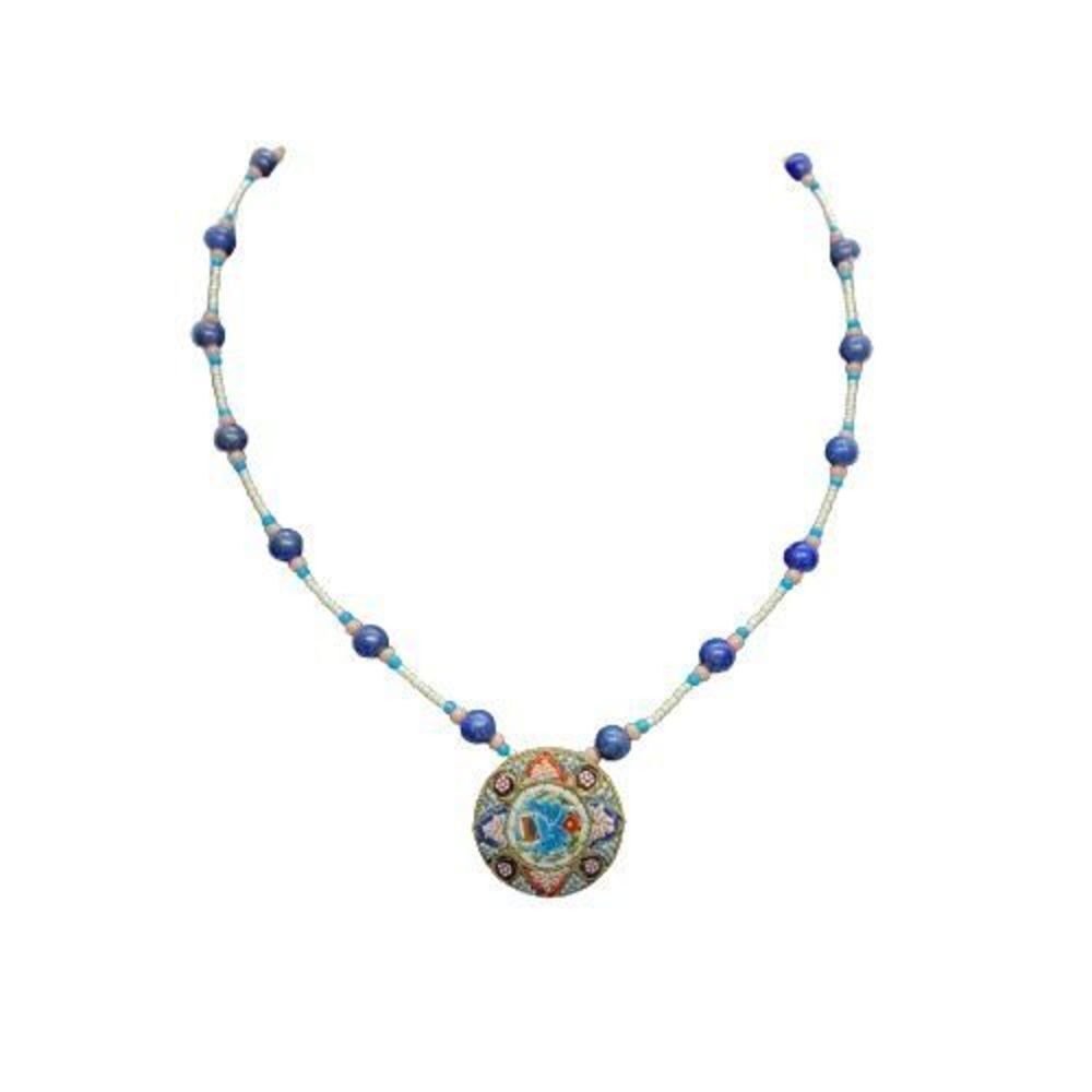 Unique Vintage 16” Beaded Necklace with Artsy Micro Mosaic Brass Pendant